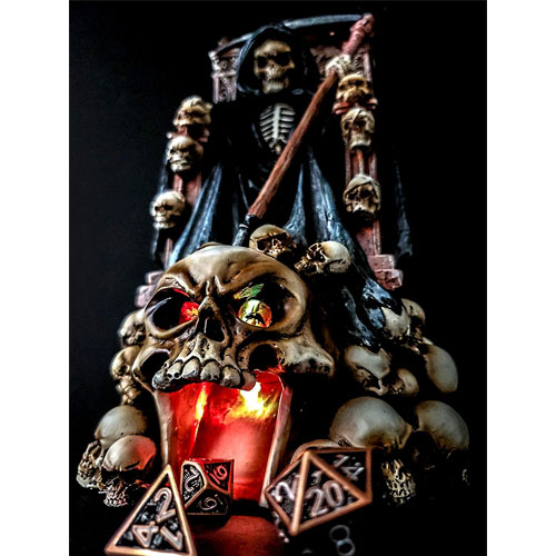 Grim Bones Grim Reaper Dice Tower - Heavy Duty Resin and Hand Painted Dice Rolling Tower with Light Up Skull - Compatible Dice Tower for DND and Tabletop Games