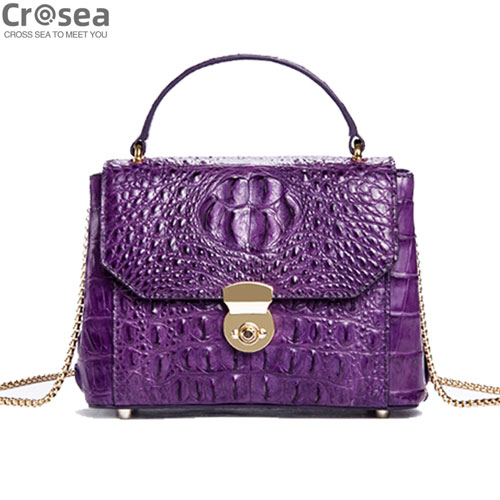 Luxury women real crocodile leather shoulder bag glossy pruple