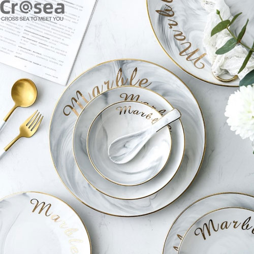 Nordic Style Marble Gold Inlay Porcelain Dessert Steak Salad Ceramic Plates Tableware