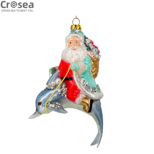 Factory hot sale christmas ornament glass christmas santa rides a dolphin for christmas decoration