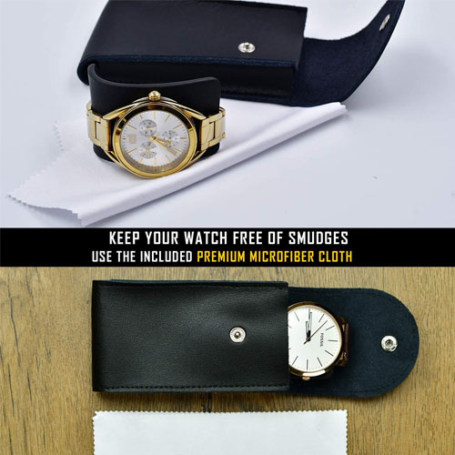 Leather Watch Pouch Case Single Timepiece Strap or Bracelet Travel Storage w/Premium Microfiber Cloth and Insert