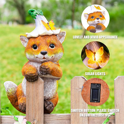 Solar Outdoor Statues Fox Fence Hanging Decorations Solar Garden Figurines Sculptures Decorations for Outdoor Fencing Yard Patio Decor