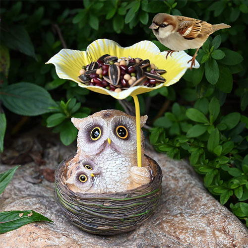 Owl Bird Feeder Bird Bath fit for Outside Wildbird Woodland Squirrels and Other Animals Outdoor Sculpture Whimsical Garden Decorations Wild Birds Waterer as Gift Ideas for Bird Lovers